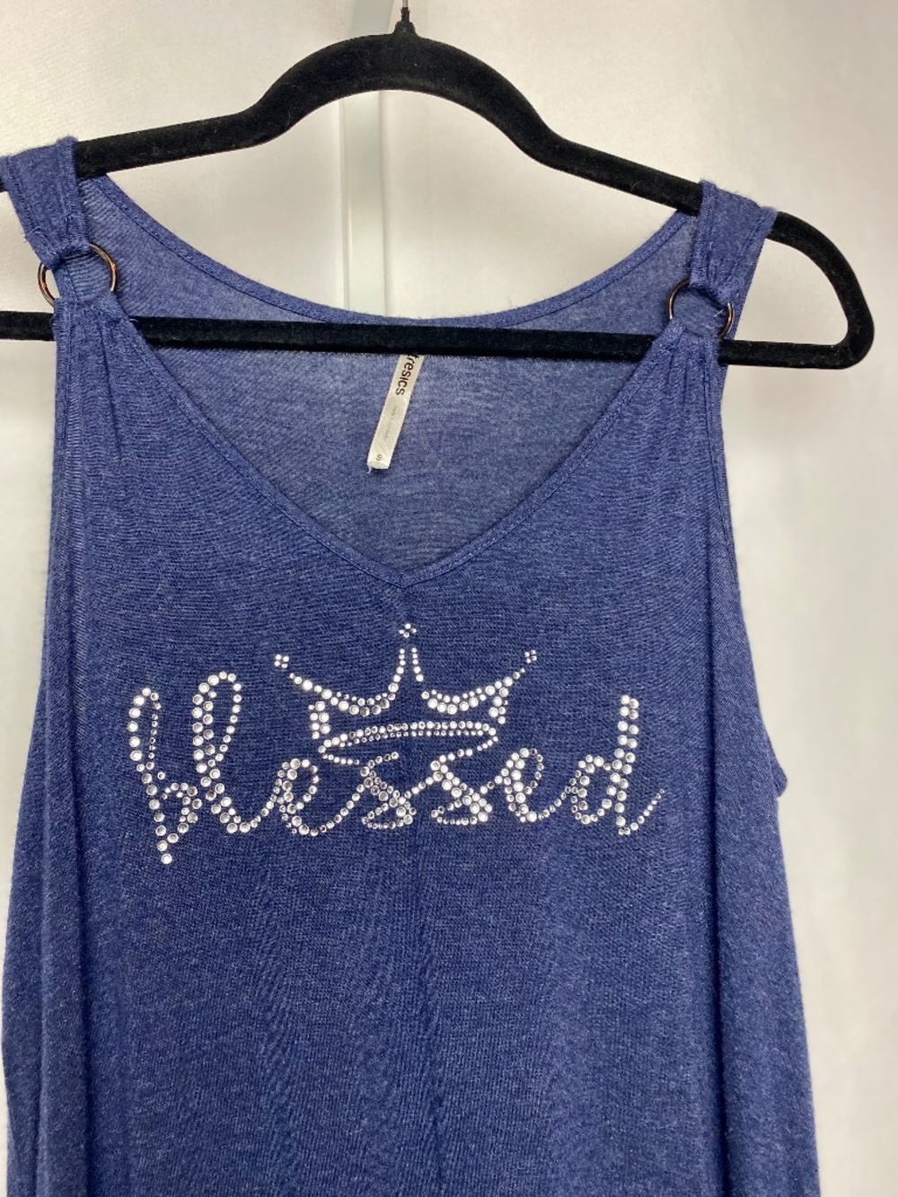 Tresics Womenʻs Blue "Blessed" Rhinestone Embellished Rayon Tank Top Small - Picture 3 of 6